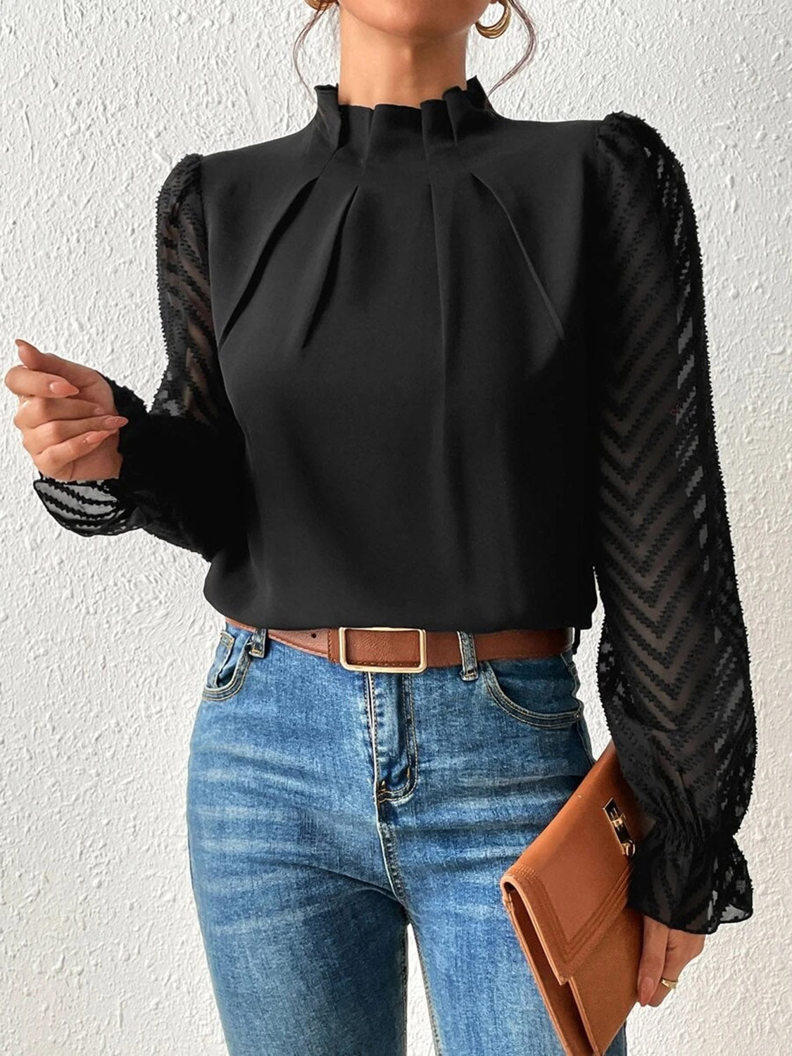 Mock Neck Flounce Sleeve Blouse - Classique Collection