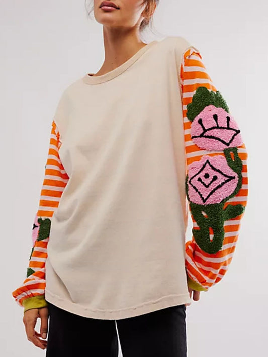 Striped Round Neck Long Sleeve Sweatshirt - Classique Collection