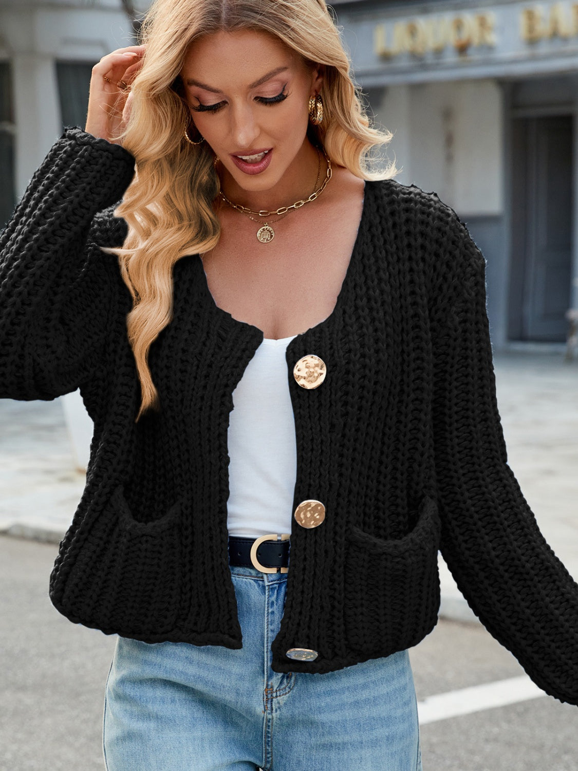 Round Neck Button Up Cardigan with Pockets - ClassiQ