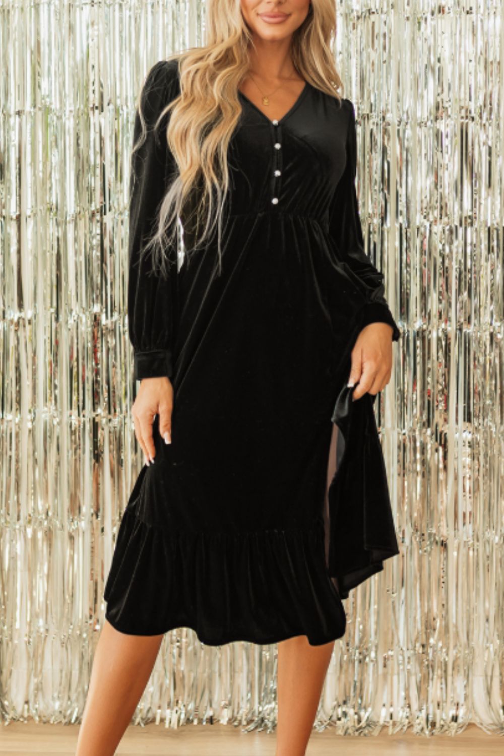 Ruffle Hem Slit V-Neck Long Sleeve Dress - Classique Collection