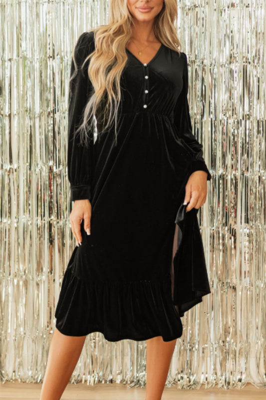 Ruffle Hem Slit V-Neck Long Sleeve Dress - Classique Collection