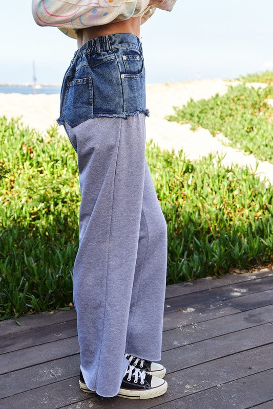 Davi & Dani Raw Hem Denim Patchwork Wide Leg Pants - Classique Collection