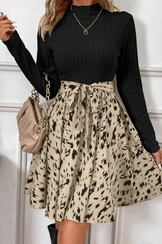 Printed Tie Waist Mock Neck Long Sleeve Dress - Classique Collection