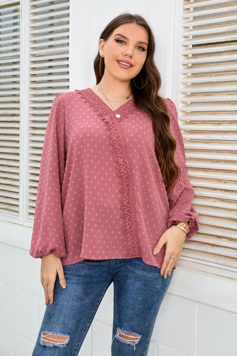 Honey Melo Apparel Plus Size Lace Trim V-Neck Balloon Sleeve Blouse - Classique Collection