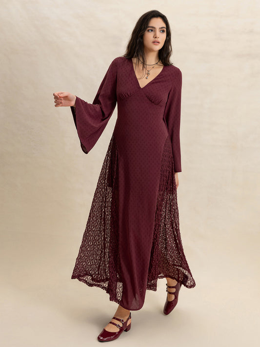 Lace Patchwork V-Neck Long Sleeve Midi Dress - Classique Collection