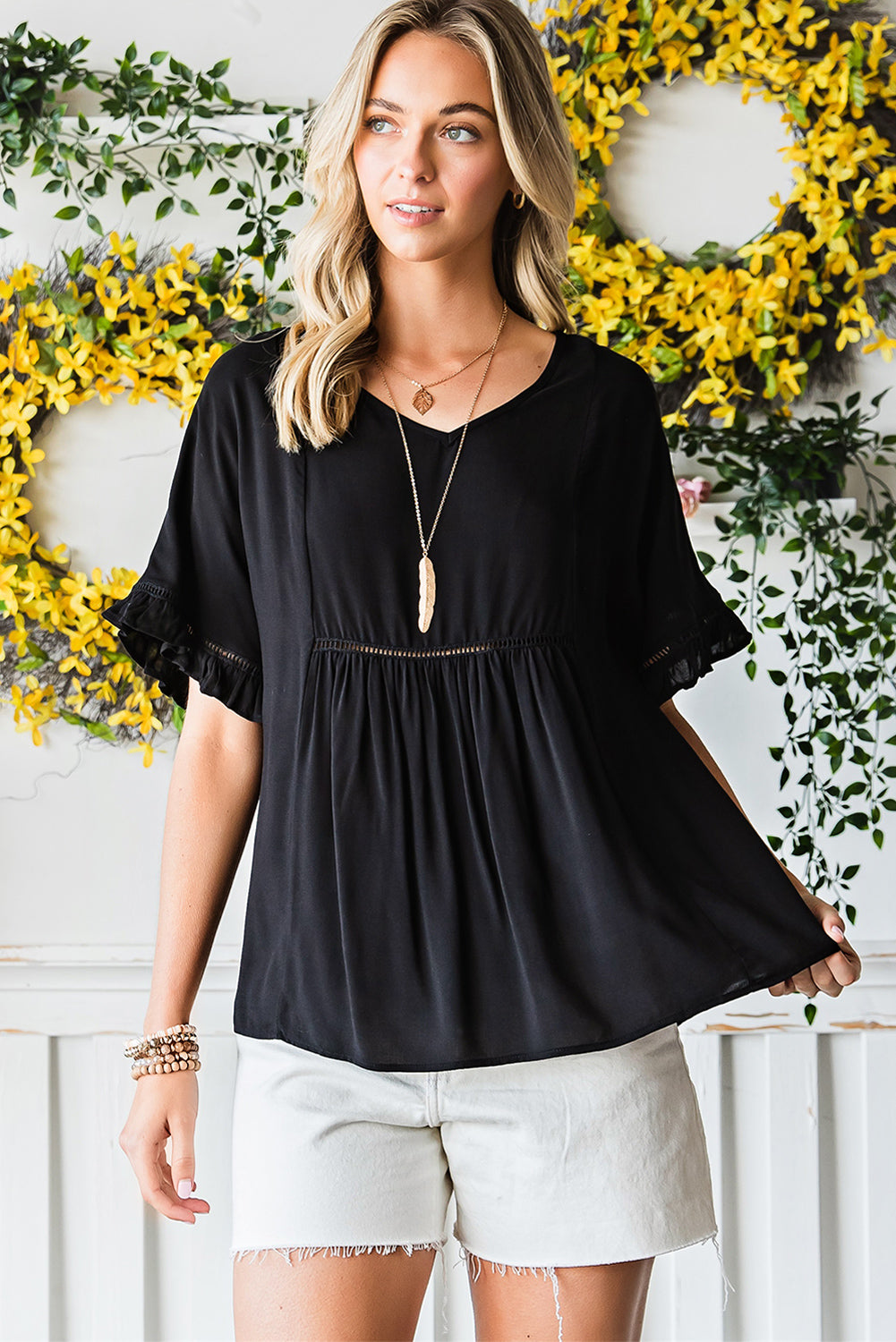 V-Neck Flounce Sleeve Babydoll Blouse - Classique Collection