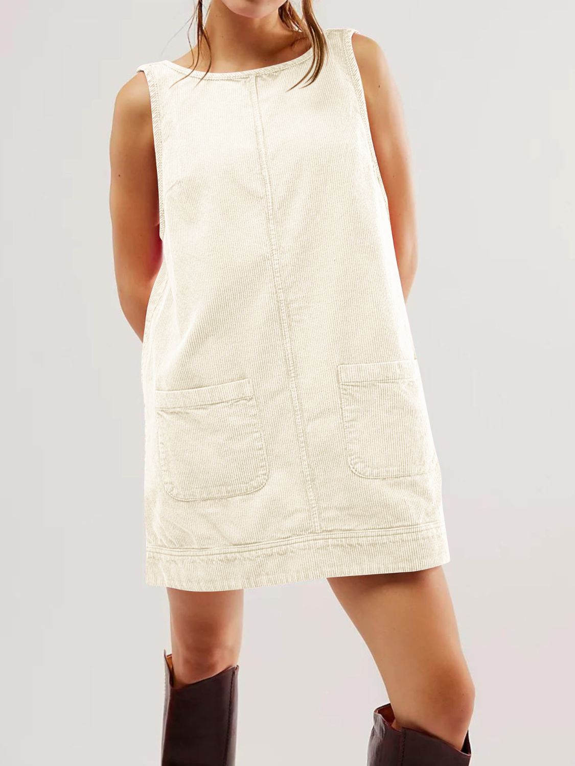 Mandy Round Neck Wide Strap Mini Dress with Pockets - Classique Collection