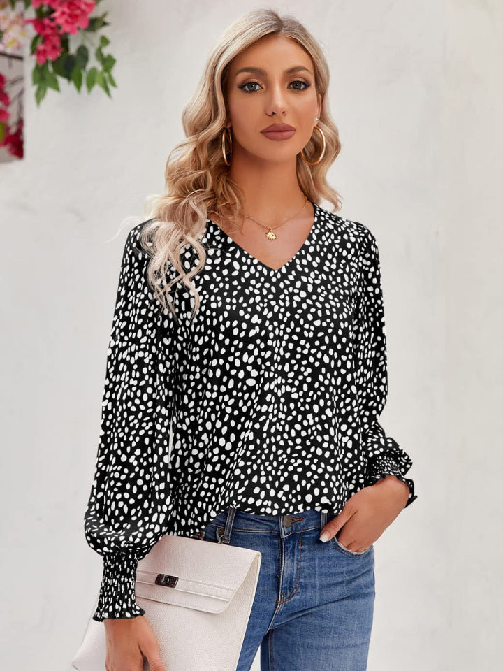 Printed V-Neck Lantern Sleeve Blouse - Classique Collection