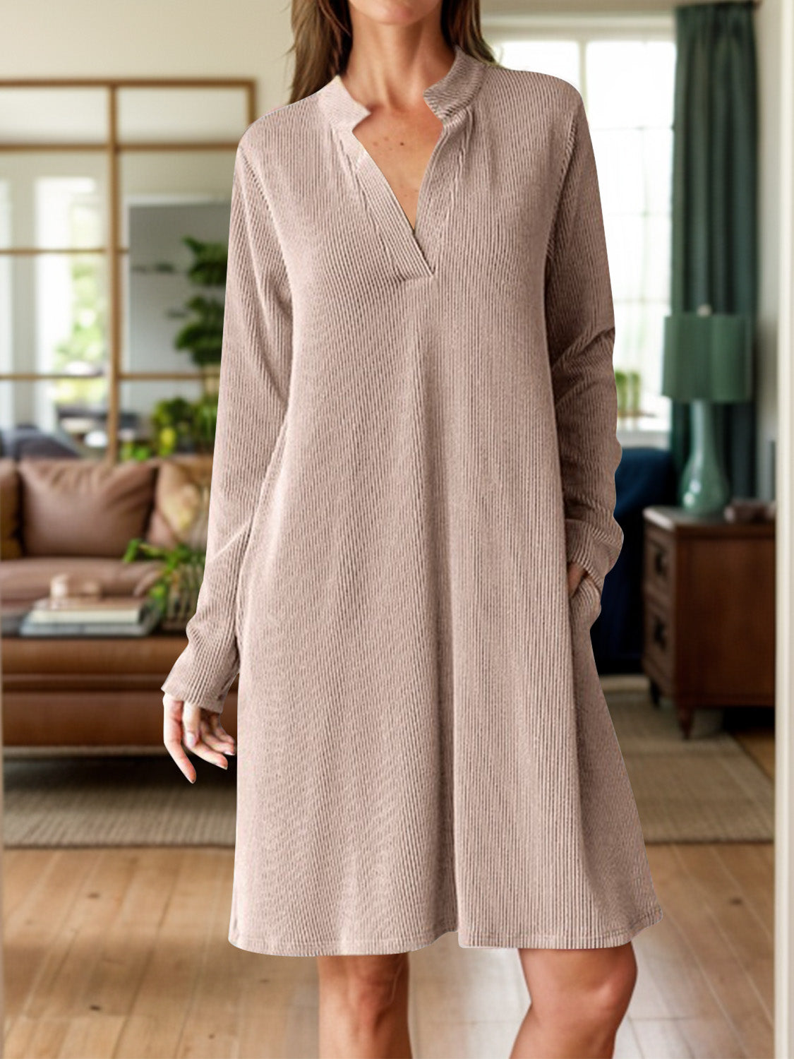 Notched Long Sleeve Mini Dress with Pockets - Classique Collection