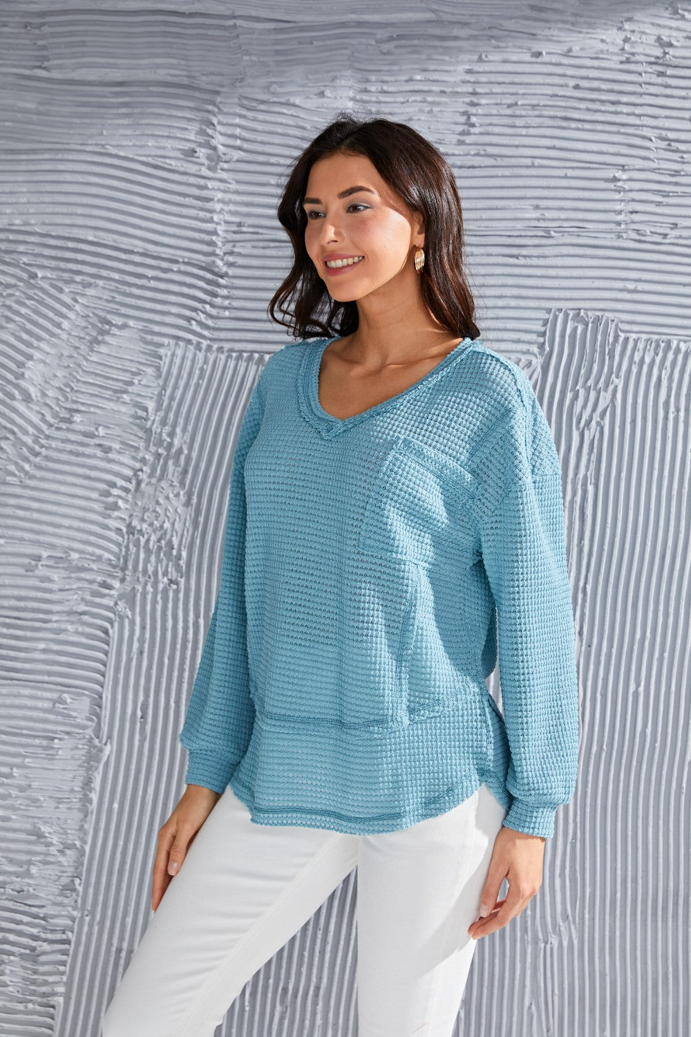 Waffle-Knit V-Neck Blouse with Breast Pocket - Classique Collection