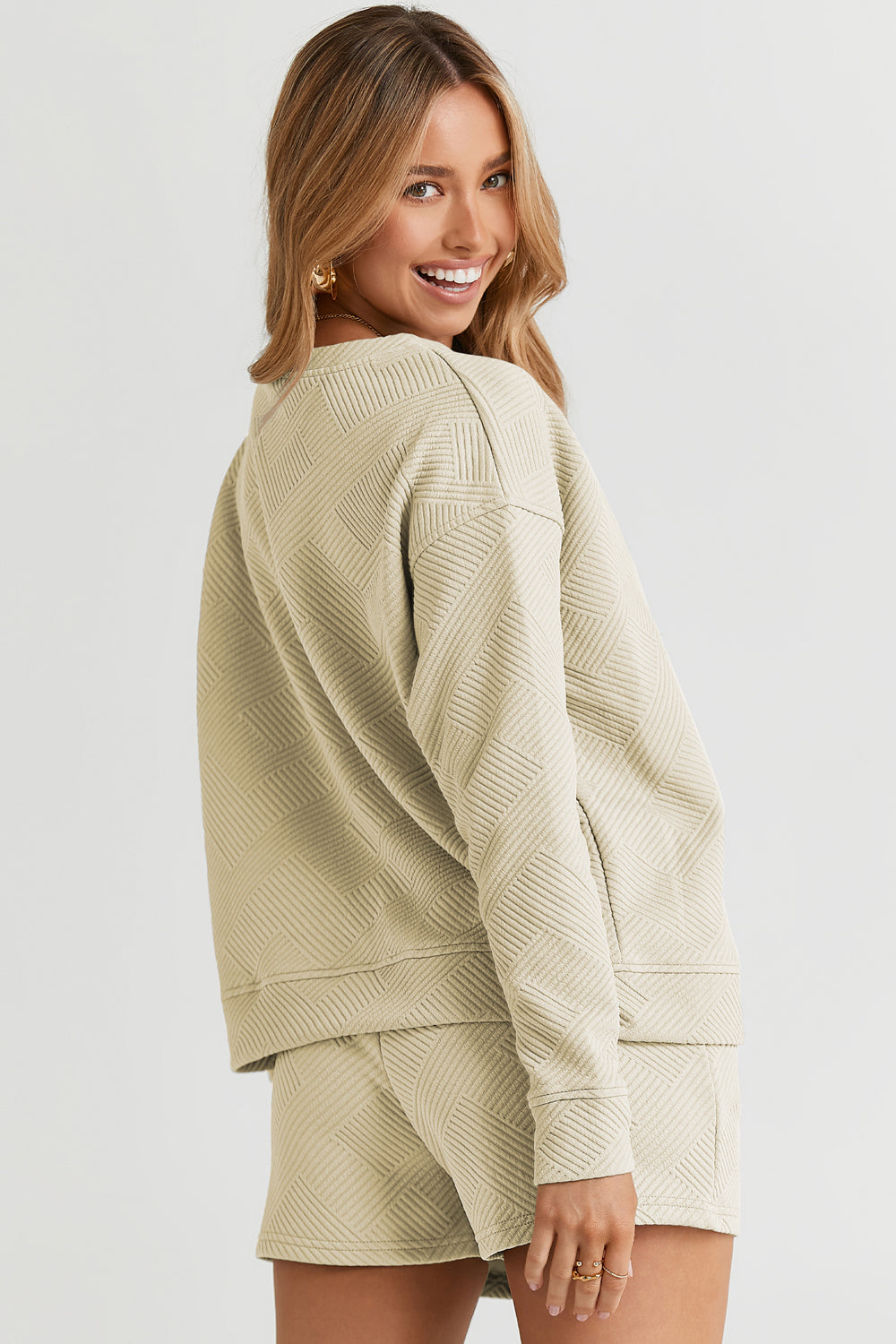 Double Take Full Size Texture Long Sleeve Top and Drawstring Shorts Set - ClassiQ