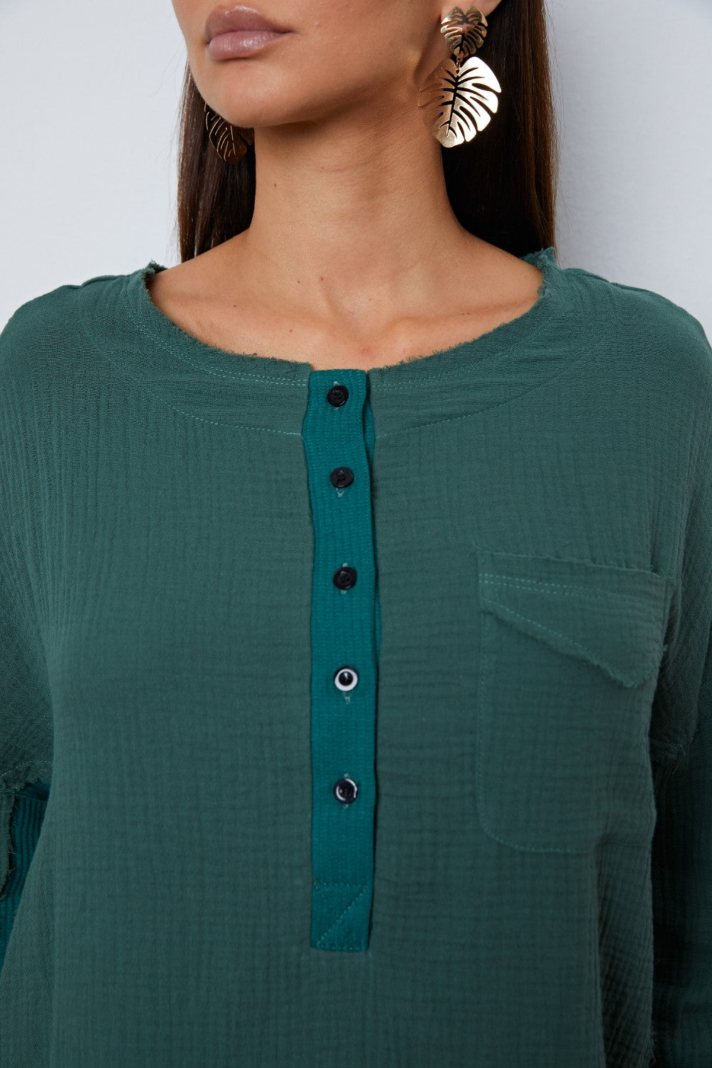Half Button Up Round Neck Blouse - ClassiQ