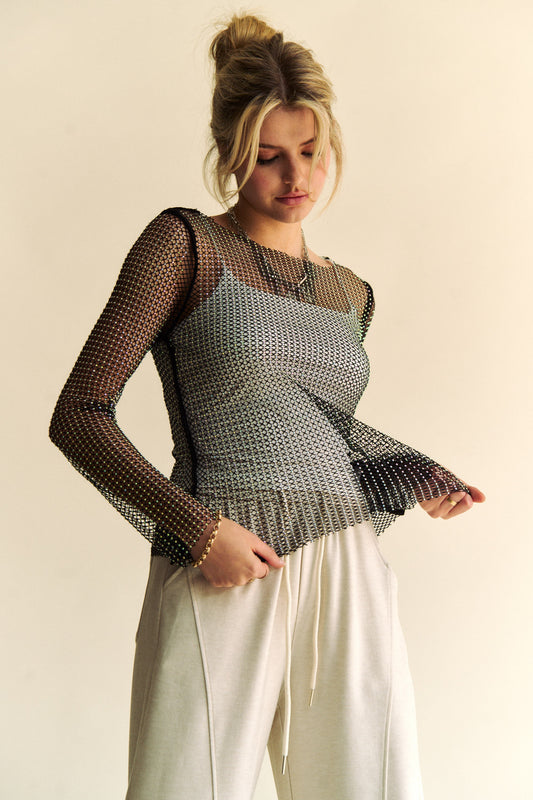 Davi & Dani Sparkling Rhinestone Sheer Mesh Round Neck Top - Classique Collection