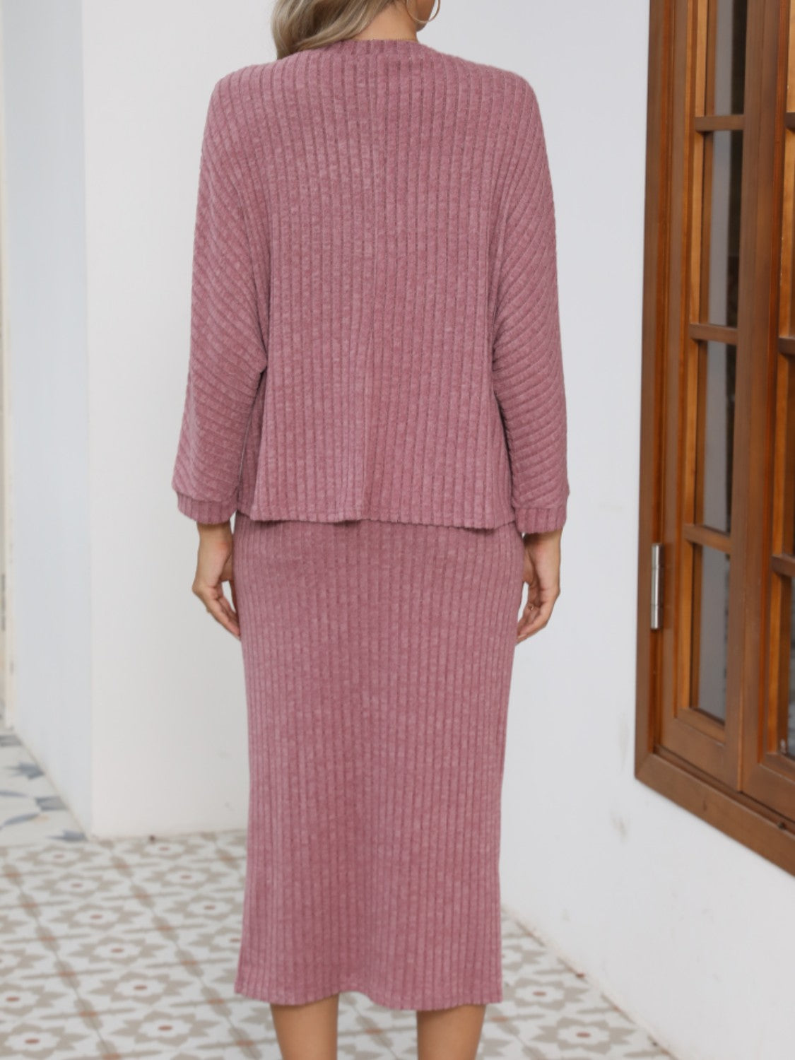 V-Neck Long Sleeve Top and Midi Skirt Set - ClassiQ