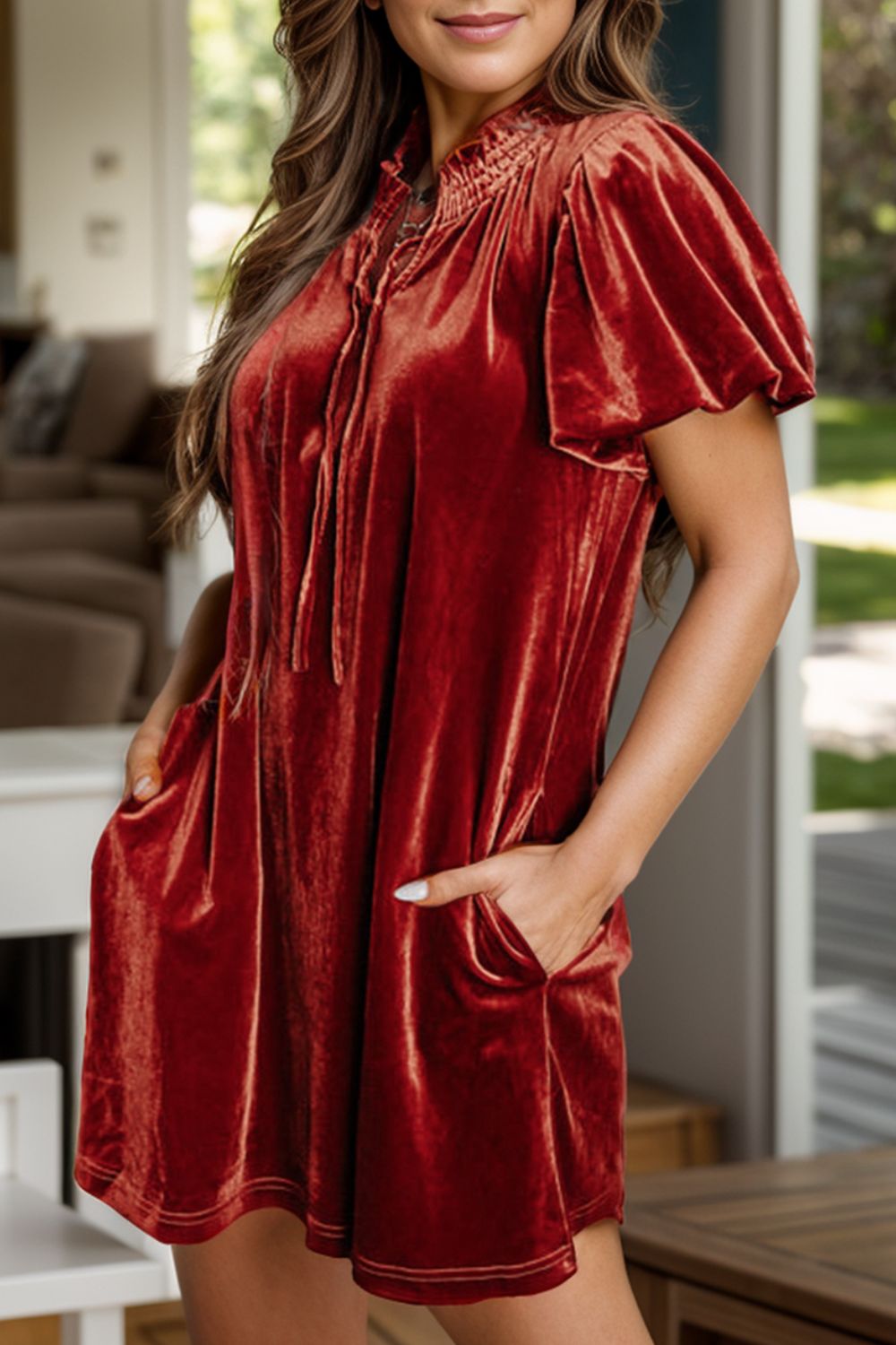 Velvet Tie Neck Short Sleeve Mini Dress - Classique Collection