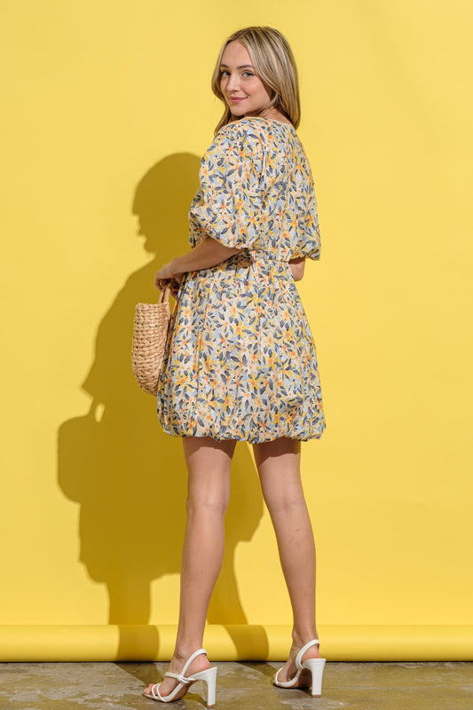 And The Why Full Size Floral Surplice Puff Sleeve Dress - Classique Collection