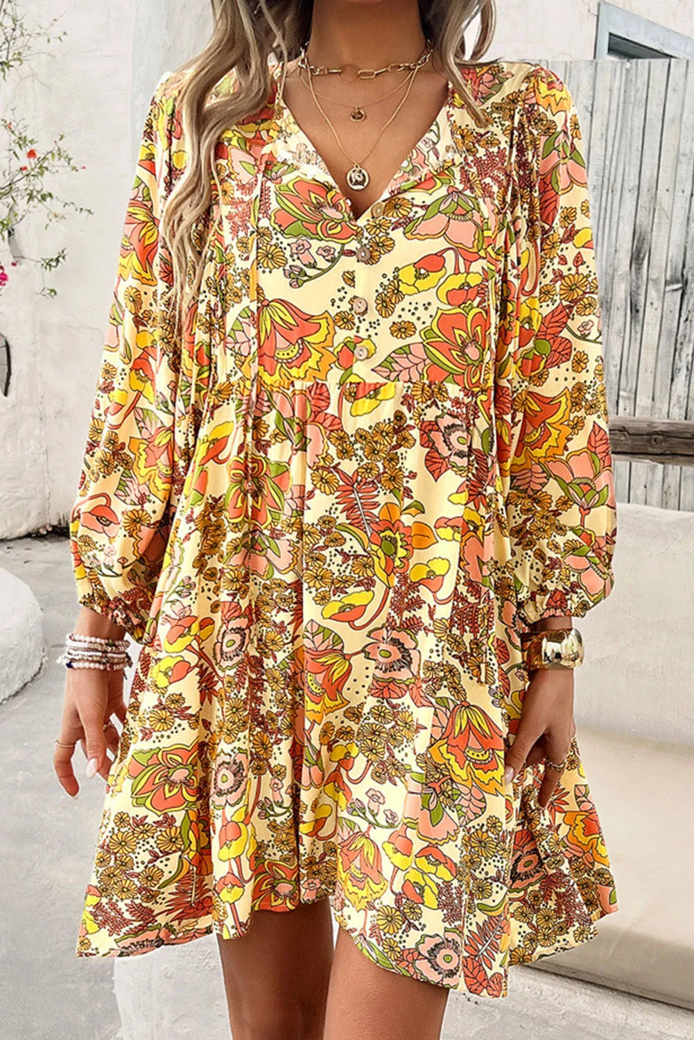 Printed Tie Neck Balloon Sleeve Mini Dress - Classique Collection