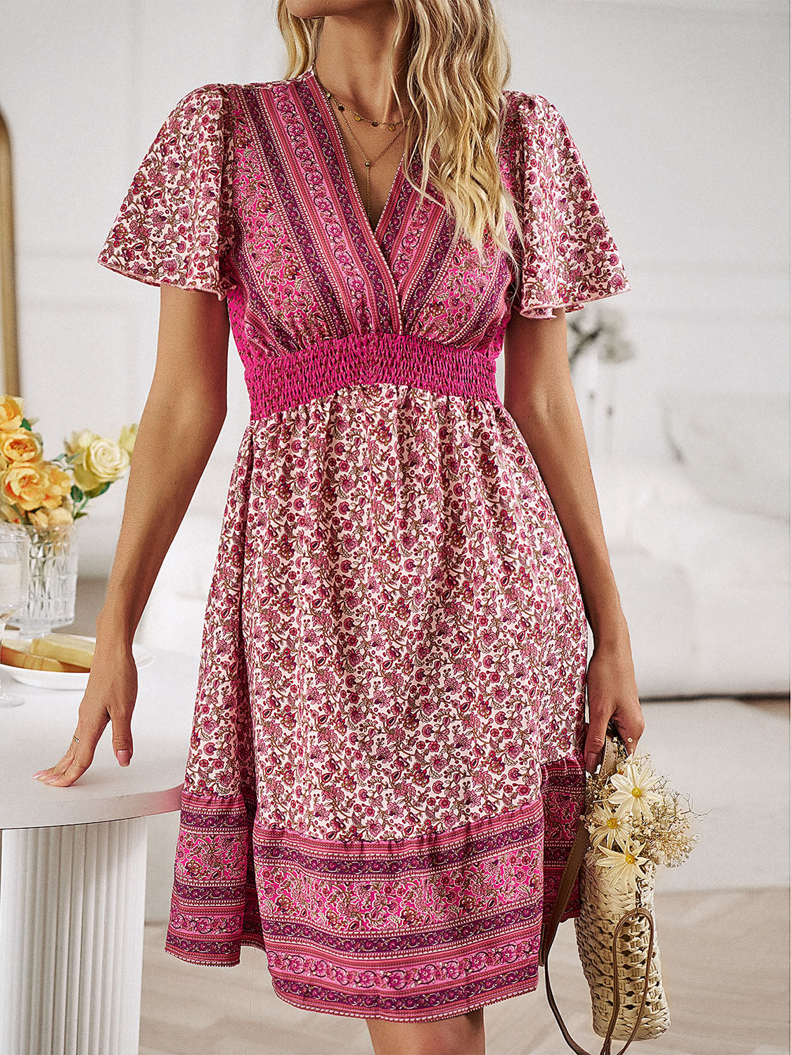 Devine Floral Smocked Waist Short Sleeve Mini Dress - Classique Collection