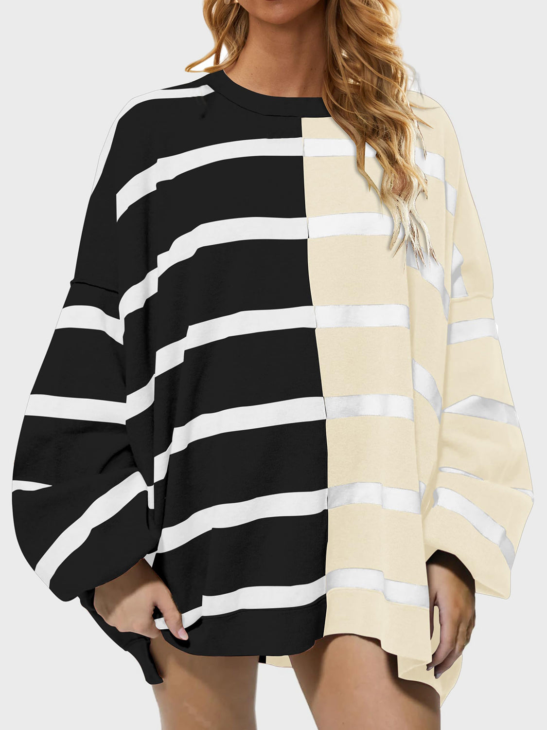 Striped Round Neck Long Sleeve Sweater - ClassiQ