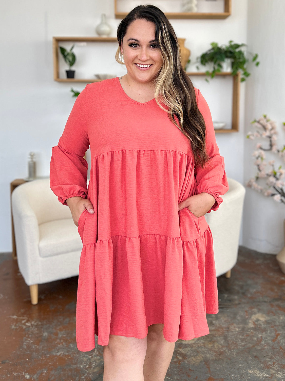 Double Take Full Size V-Neck Balloon Sleeve Tiered Dress with Pockets - Classique Collection