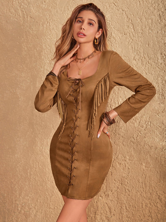Fringe Lace Up Square Neck Long Sleeve Mini Dress - Classique Collection