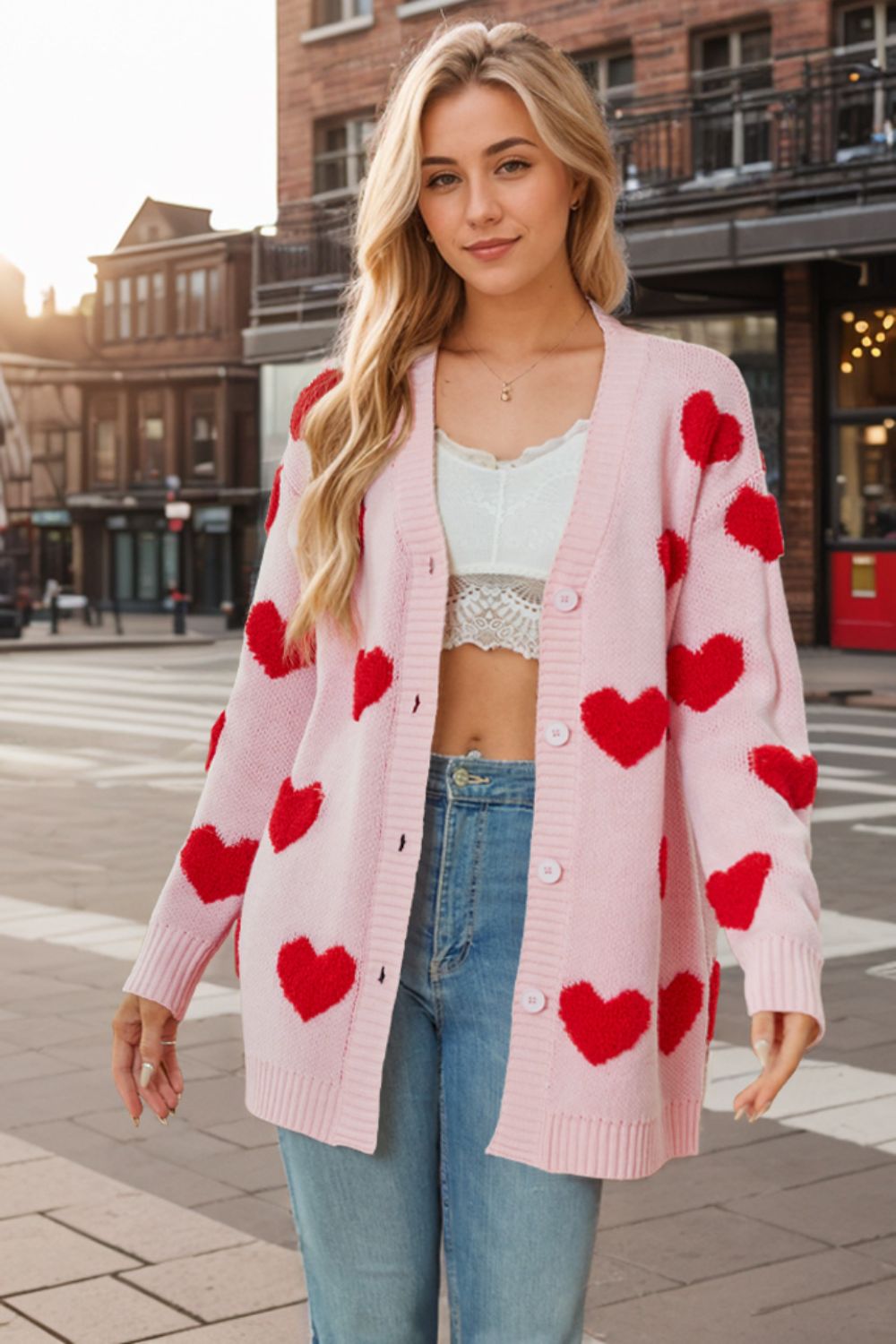 Heart Button Down Long Sleeve Cardigan - ClassiQ