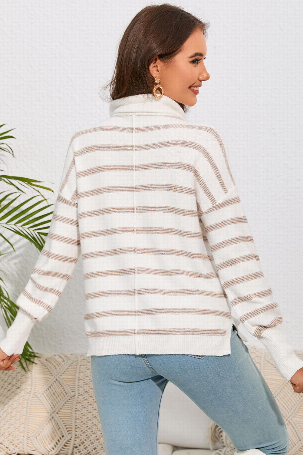 Cowl Neck Drawstring Dropped Shoulder Striped Print Blouse - Classique Collection