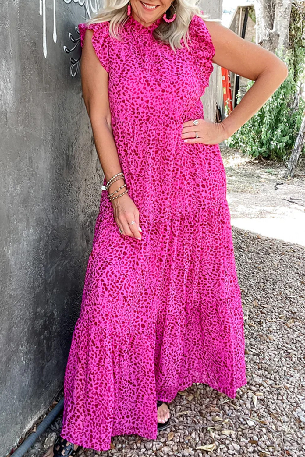 Rose Red Leopard Print Ruffled Trim Tiered Maxi Dress ClassiQ