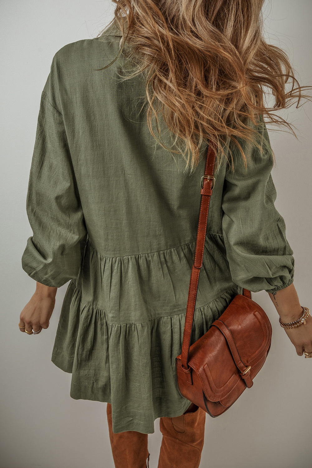 Tiered Collared Neck Balloon Sleeve Shirt Dress - Classique Collection