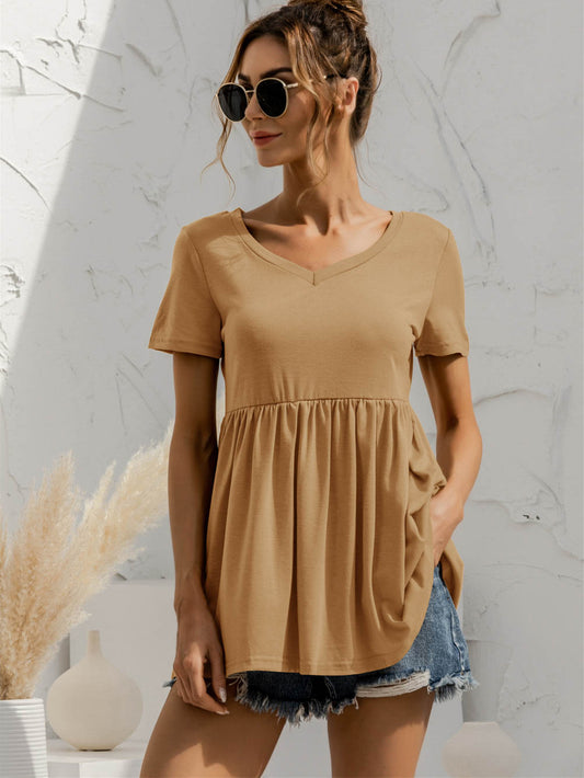 V-Neck Short Sleeve Babydoll Top - Classique Collection
