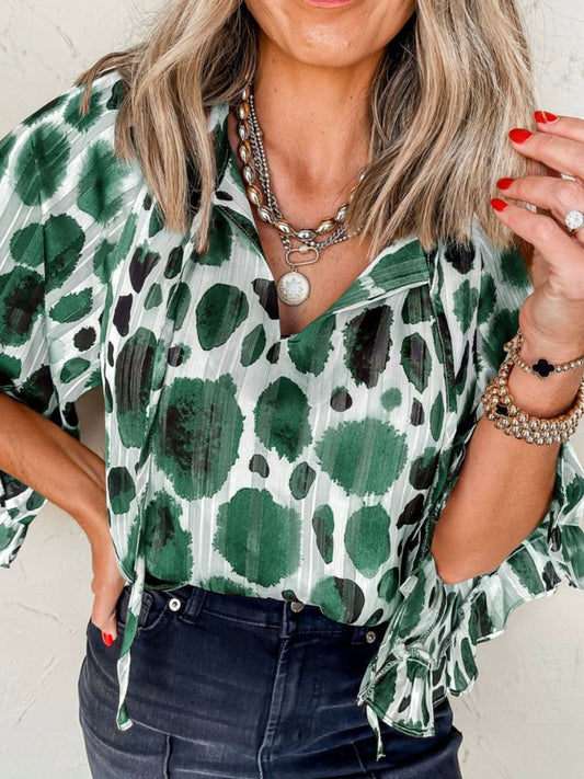 Printed Tie Neck Three-Quarter Sleeve Blouse - ClassiQ