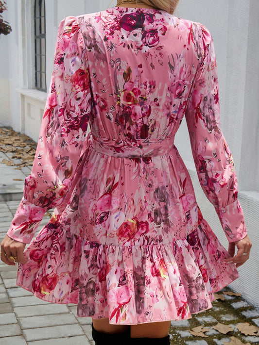 Devine Ruffled Printed Surplice Long Sleeve Mini Dress - Classique Collection