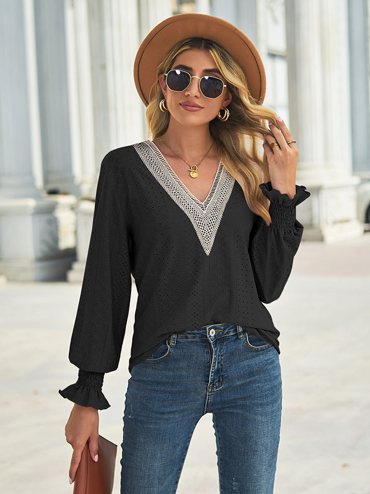 V-Neck Eyelet Flounce Sleeve Blouse - Classique Collection