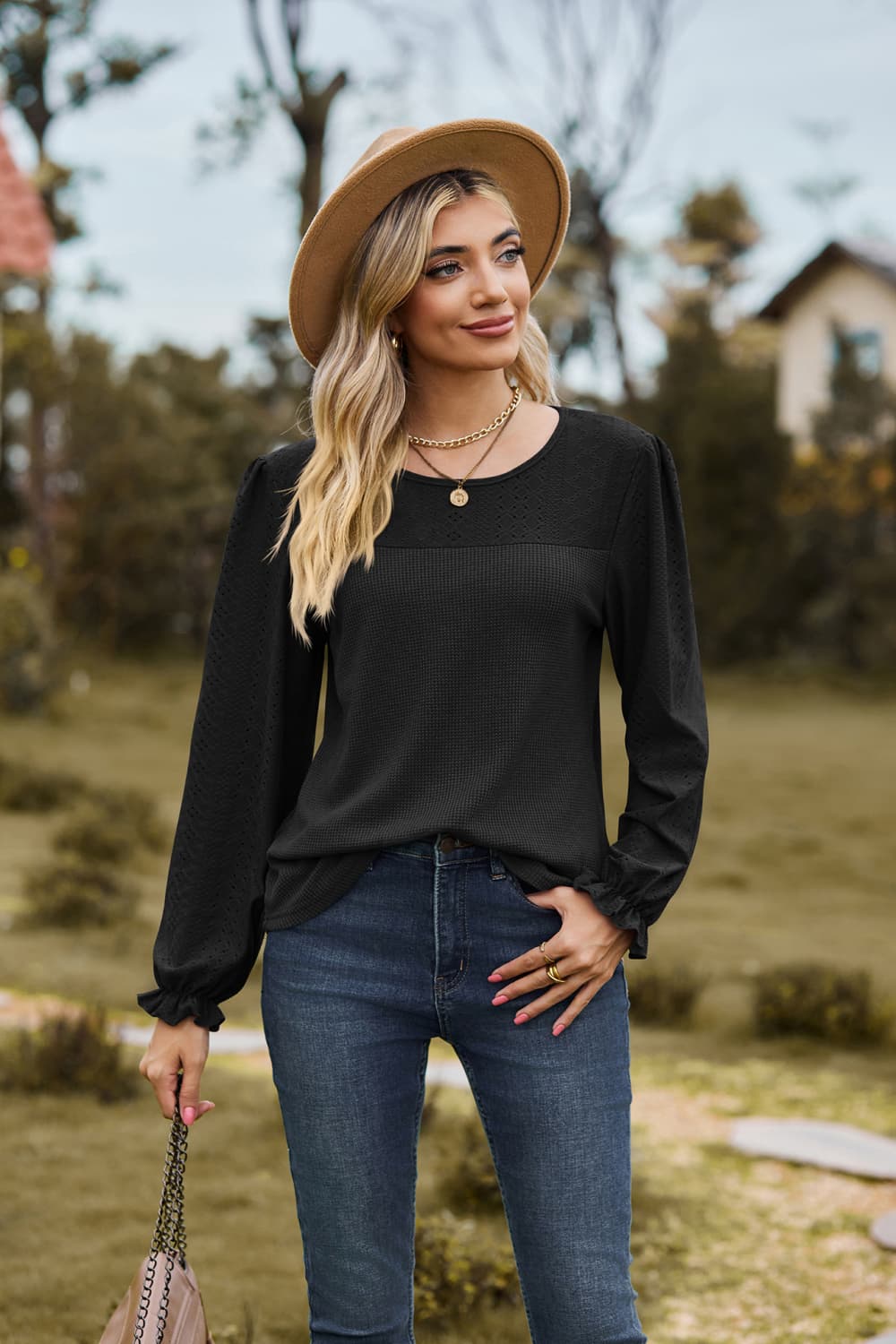 Round Neck Puff Sleeve Blouse - Classique Collection