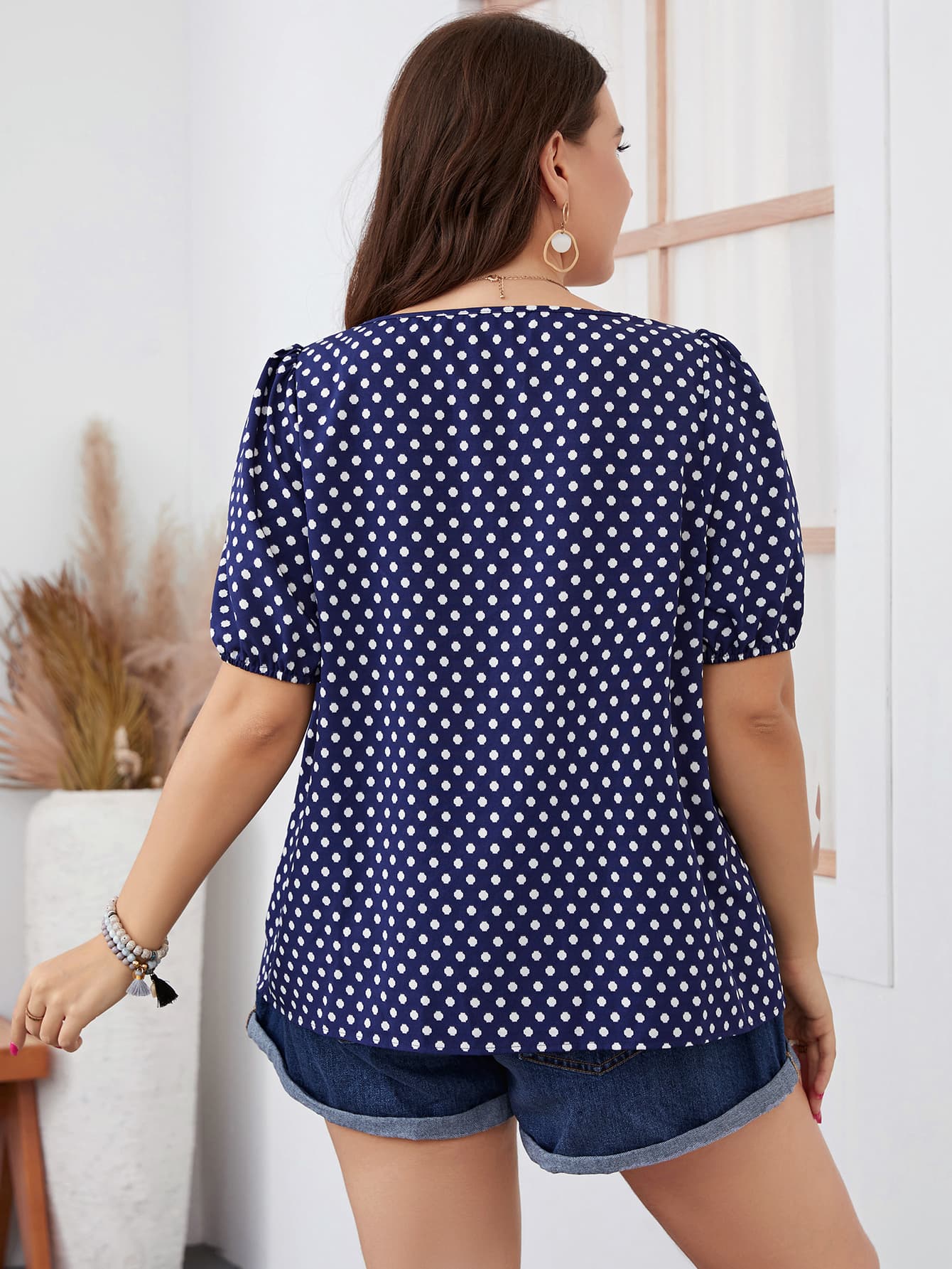 Honey Plus Size Polka Dot Square Neck Blouse - Classique Collection