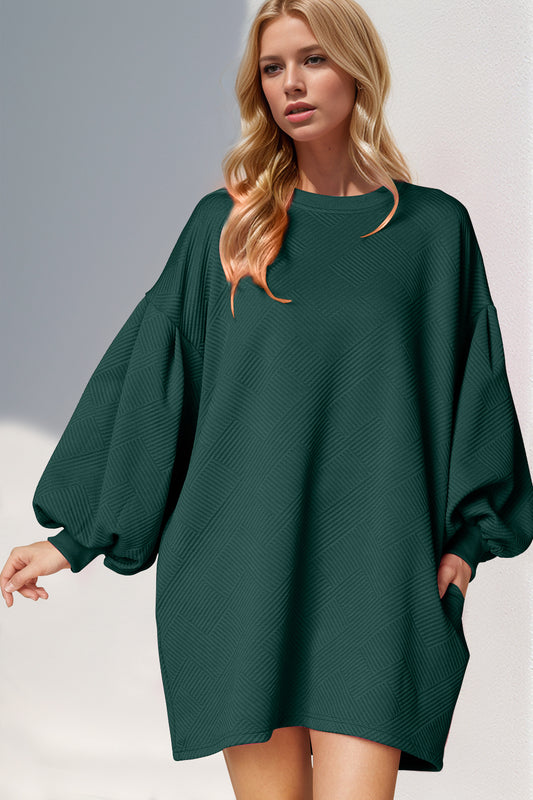 Double Take Drop Shoulder Lantern Sleeve Texture Mini Dress with Pockets - Classique Collection