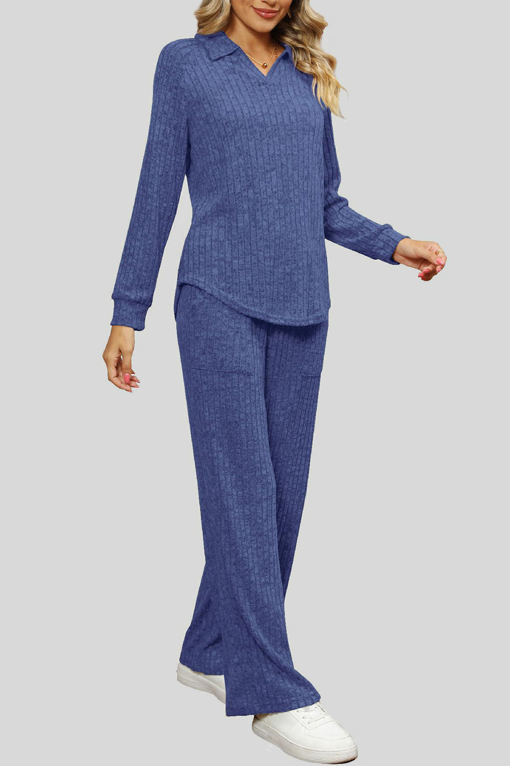 Ribbed Long Sleeve Top and Pocketed Pants Set - ClassiQ