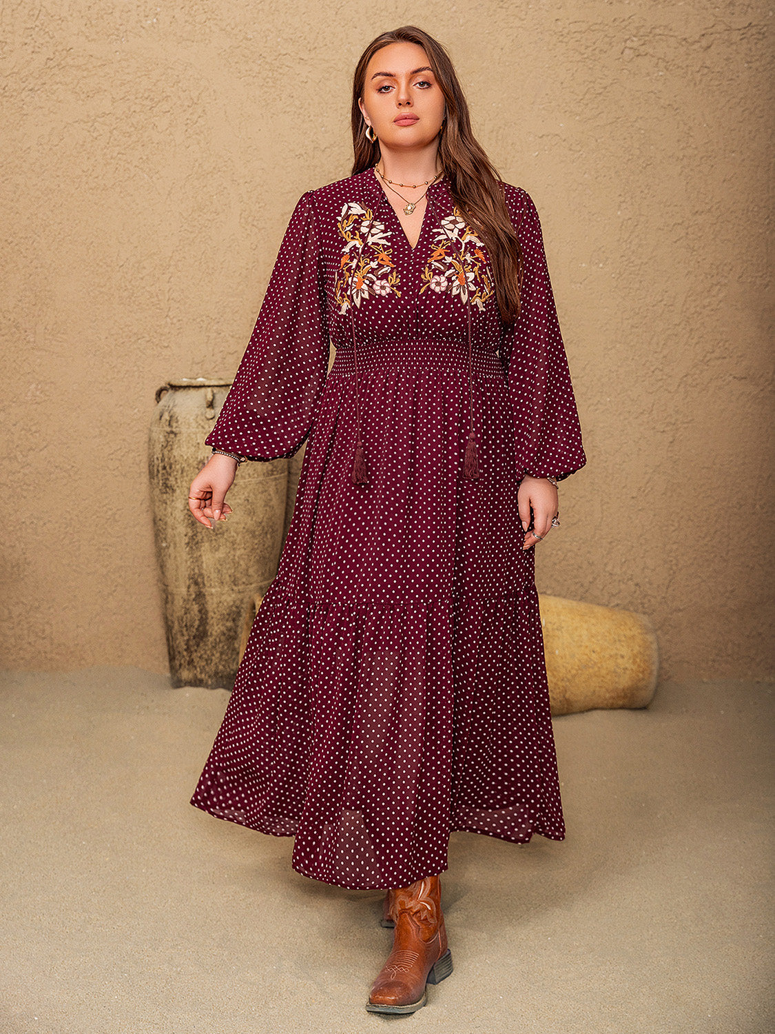 Plus Size Embroidered Polka Dot Tie Neck Long Sleeve Midi Dress - Classique Collection