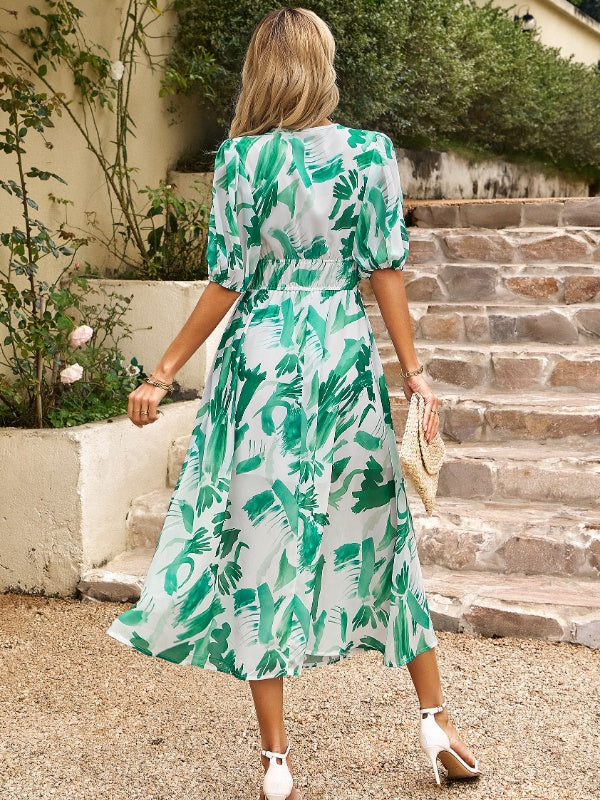 Devine Smocked Printed V-Neck Half Sleeve Midi Dress - Classique Collection