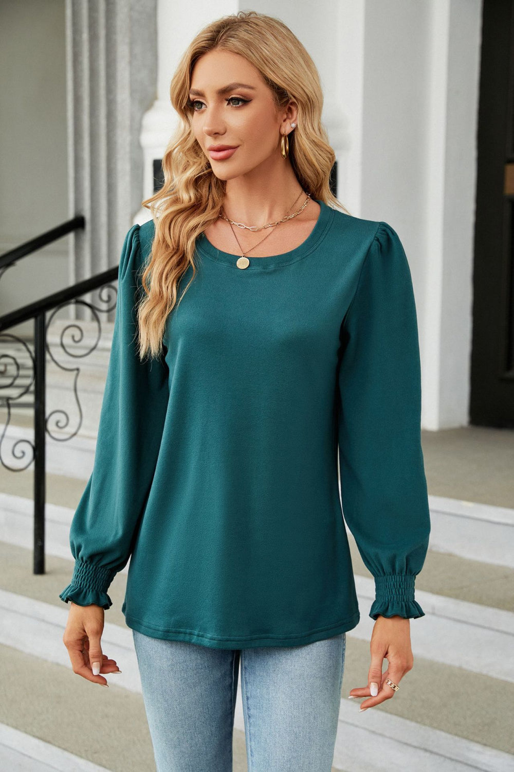 Round Neck Smocked Flounce Sleeve Blouse - Classique Collection