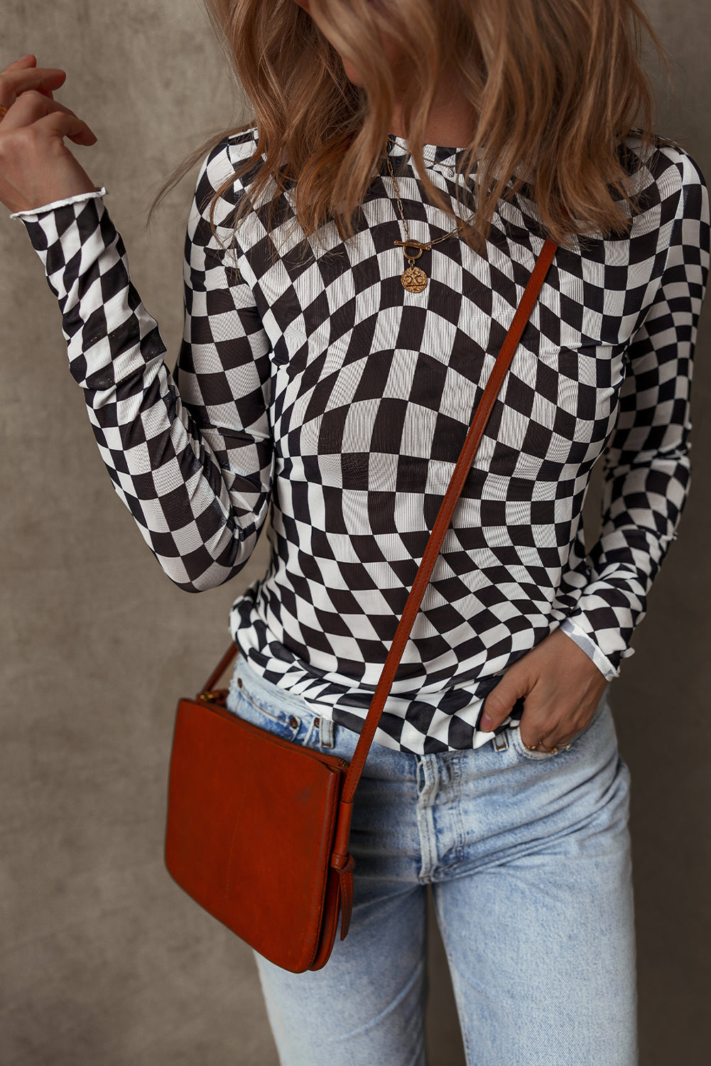 Black Checkered Pattern Mesh Mock Neck Long Sleeve Top ClassiQ