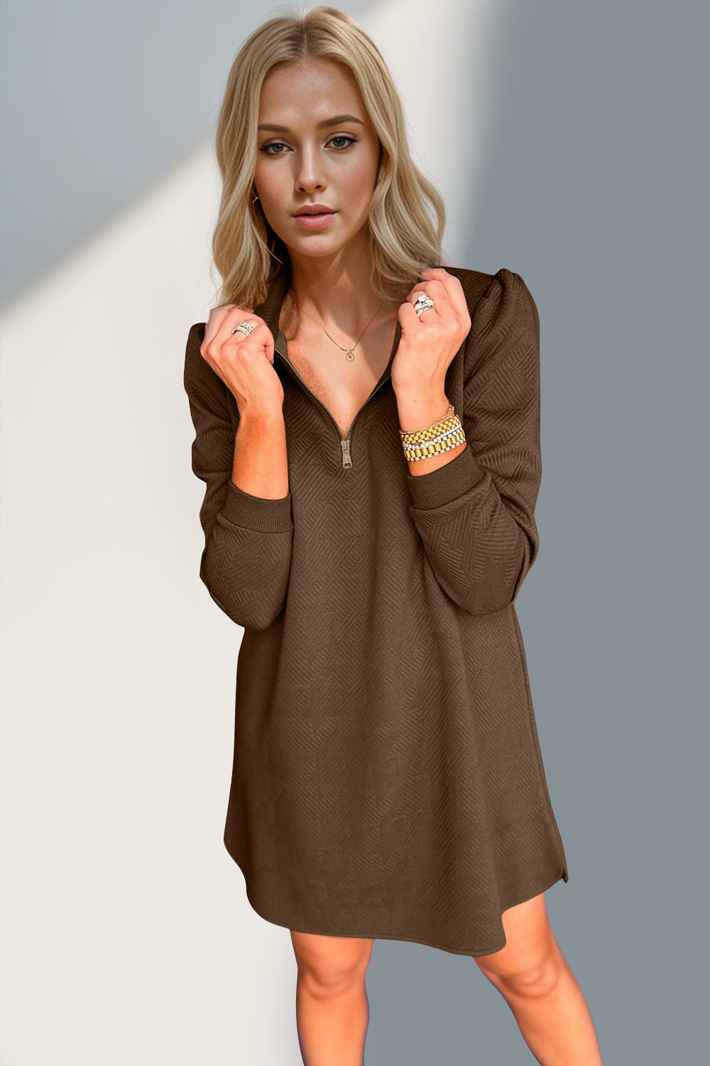 Double Take Textured Quarter Zip Long Sleeve Dress - Classique Collection