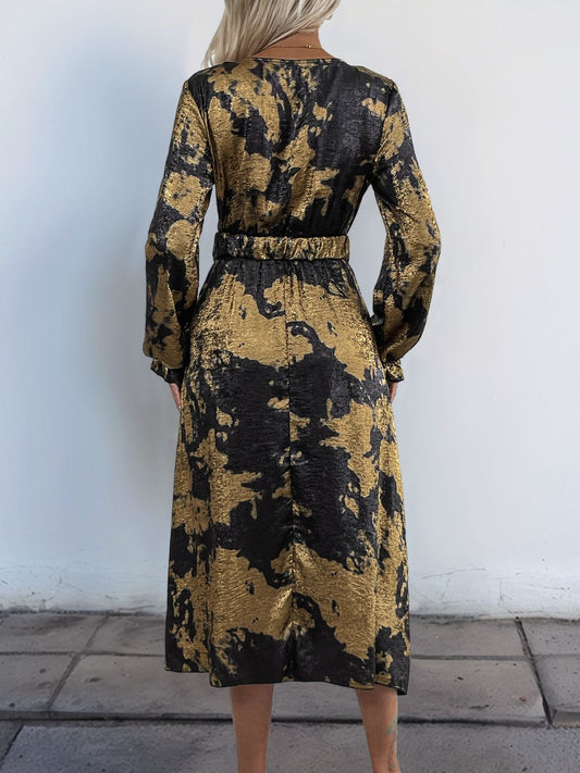 Perfee Printed Surplice Long Sleeve Midi Dress - Classique Collection