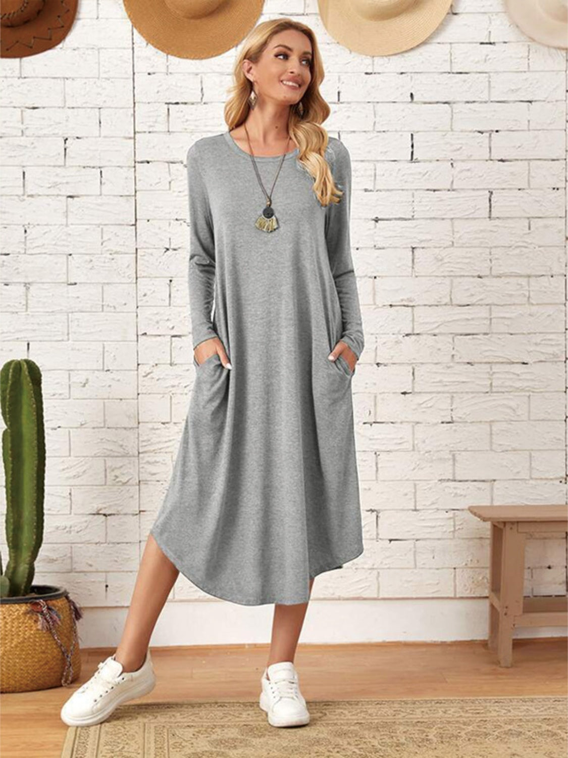 Pocketed Round Neck Long Sleeve Tee Dress - Classique Collection