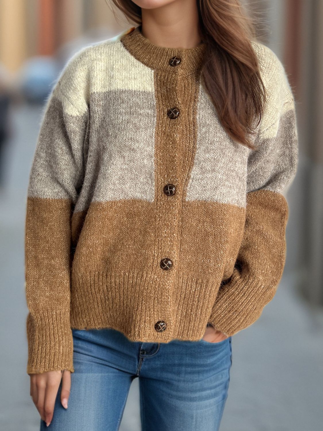 Color Block Round Neck Button Up Cardigan - ClassiQ