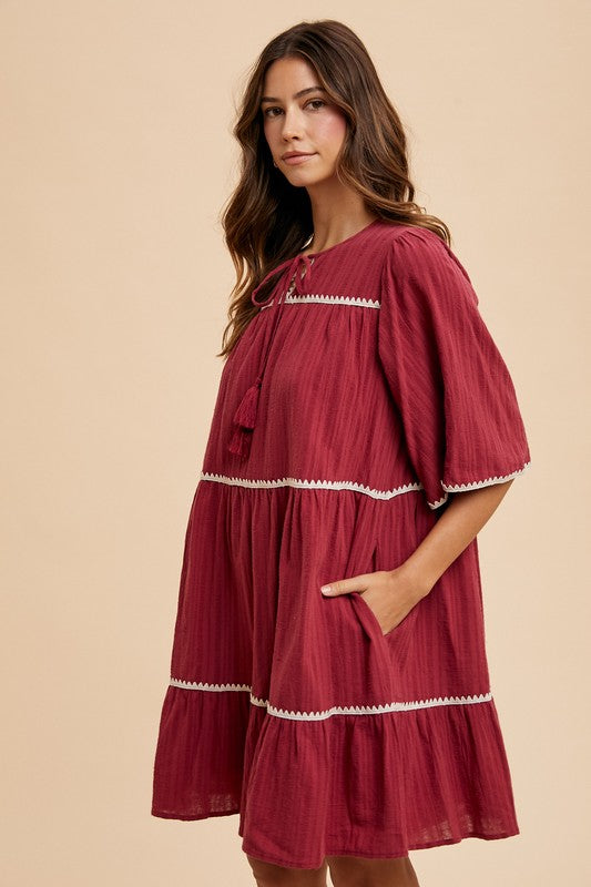 Annie Wear Tassel Contrast Trim Tie Neck Half Sleeve Tiered Dress - ClassiQ