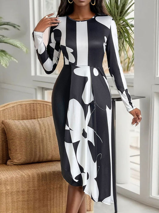 Perfee Asymmetrical Slit Round Neck Long Sleeve Midi Dress - Classique Collection