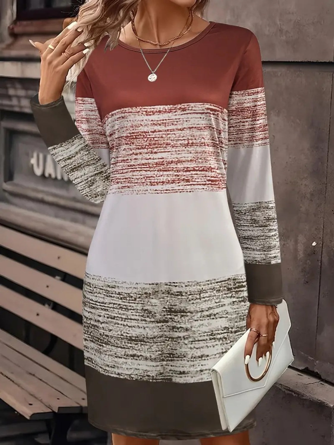 Color Block Round Neck Long Sleeve Dress - Classique Collection