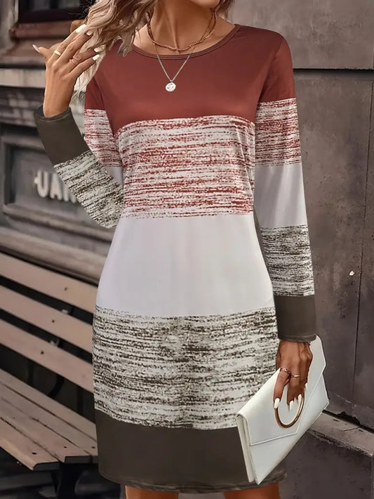 Color Block Round Neck Long Sleeve Dress - Classique Collection