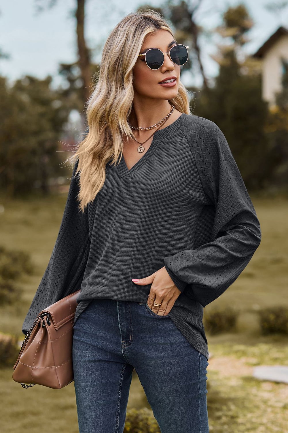 Notched Neck Raglan Sleeve Blouse - Classique Collection